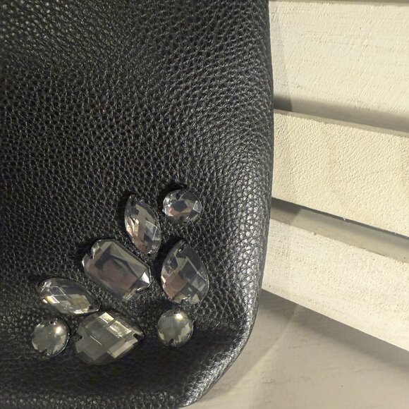 Bebe Black Clutch – Gemstone Embellished, Gold Hardware, 10x6” Evening Bag - Picture 4 of 6